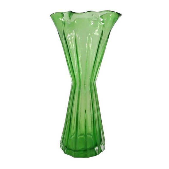 KREISS Japan vintage green glass bud vase approx 7" tall 3" wide at top - Picture 1 of 3